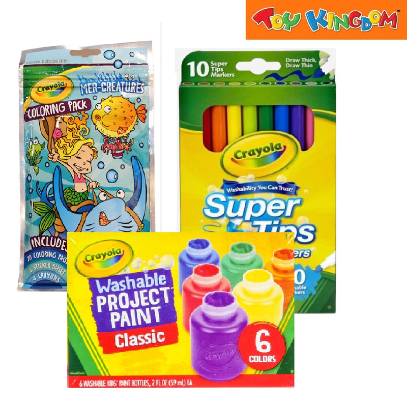 Crayola Mer Creatures Coloring Pack + 10 Super Tips Washable Markers + 6 Colors Washable Paint