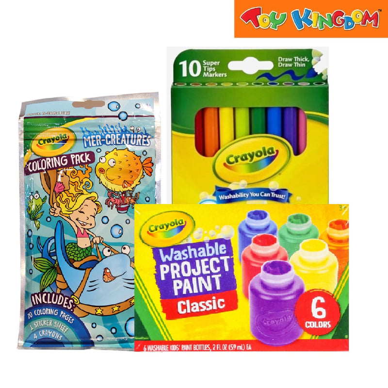 Crayola Mer Creatures Coloring Pack + 10 Super Tips Washable Markers + 6 Colors Washable Paint