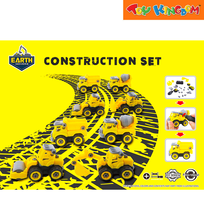 Earth Movers Cement Mixer, Excavator, Roller, and Dump Truck Construction Vehicles Set