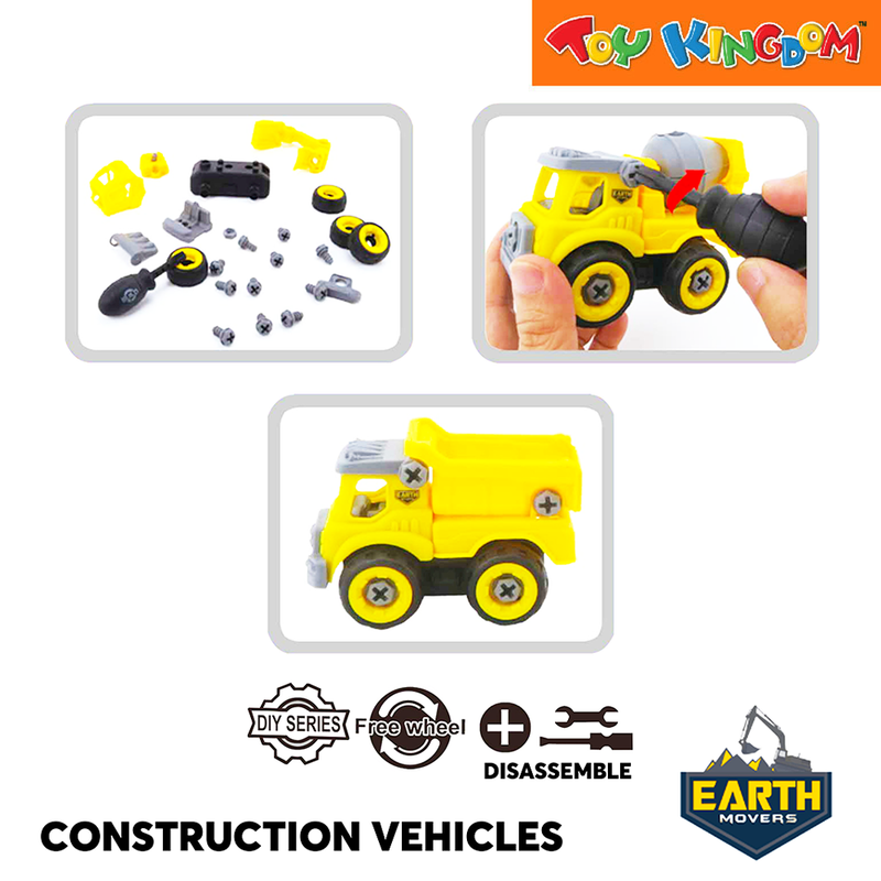 Earth Movers Cement Mixer, Excavator, Roller, and Dump Truck Construction Vehicles Set