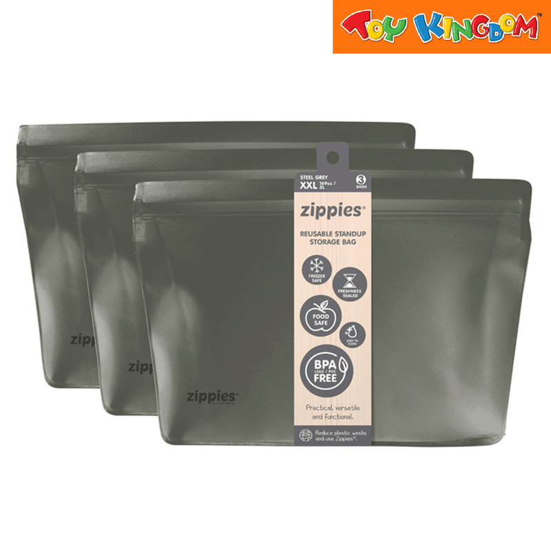 Zippies Steel Gray 3 pcs 2XL Reusable Stand-Up Storage Bags
