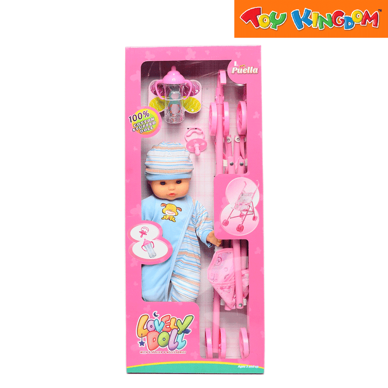 Puella Lovely Doll Wearing Blue Beanie and Onesies with Stroller and Accessories