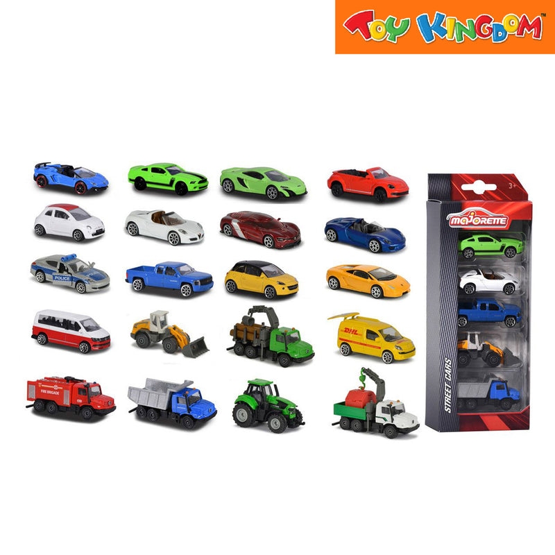 Majorette Street Cars Blue, White, Green, Log Truck and Tractor 5 Pack Vehicle Playset