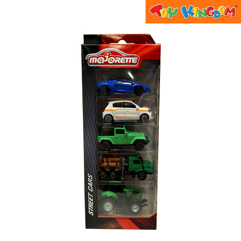Majorette Street Cars Blue, White, Green, Log Truck and Tractor 5 Pack Vehicle Playset