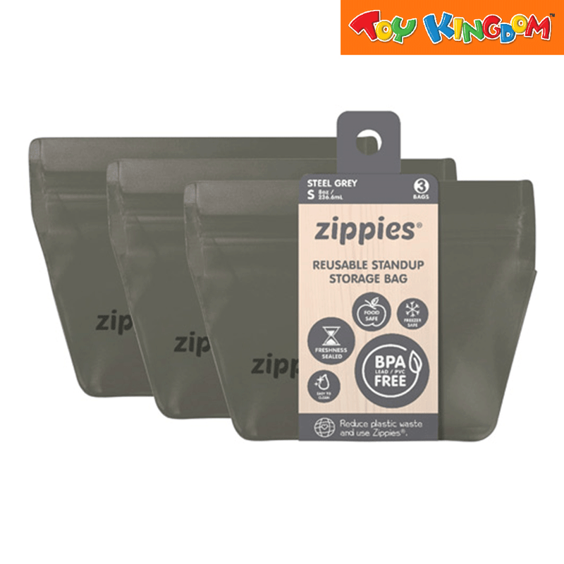Zippies Steel Gray 3 pcs Small Reusable Stand-Up Storage Bags