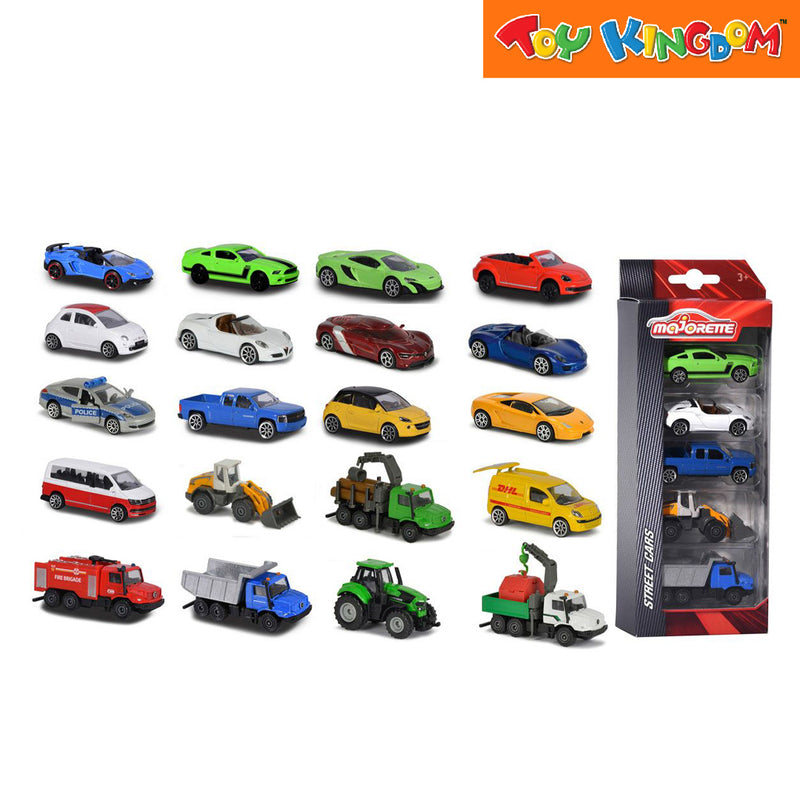 Majorette Street Cars Silver, Blue, Red, Orange and White-Green 5 Pack Vehicle Playset