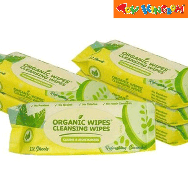 Organic Wipes Refreshing Cucumber 12 Sheets Pack of 6 Cleansing Wipes
