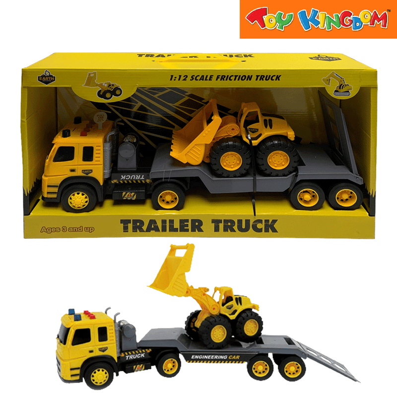 Earth Movers Trailer Truck with Loader 1:12 Scale Friction Vehicles