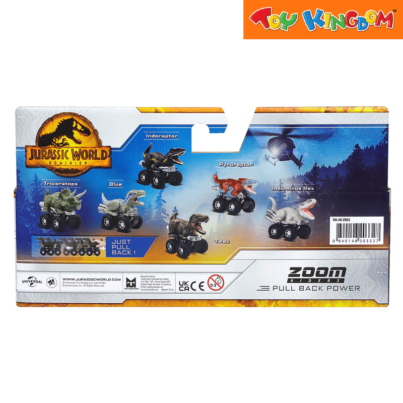 Jurassic World Zoom Riders Dominion Pyroraptor, Blue and Indominus Rex 3 Pack Pull-Back Cars