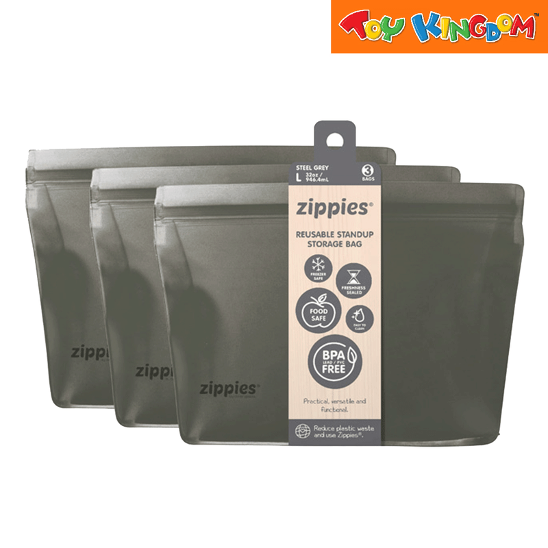 Zippies Steel Gray 3 pcs Large Reusable Stand-Up Storage Bags