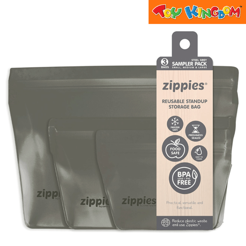 Zippies Steel Gray 3 pcs Sampler Pack Reusable Stand-Up Storage Bags
