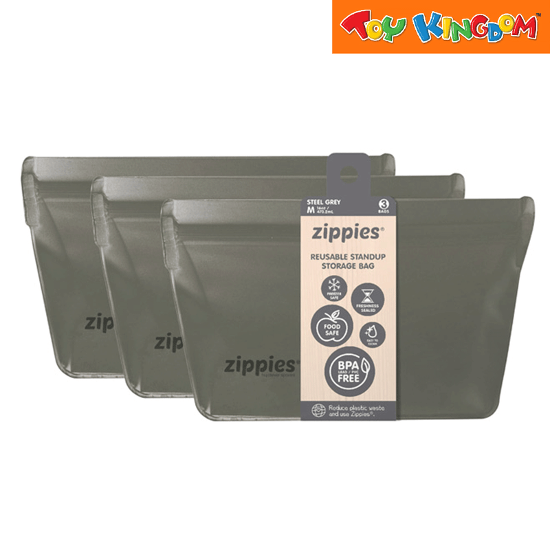 Zippies Steel Gray 3 pcs Medium Reusable Stand-Up Storage Bags